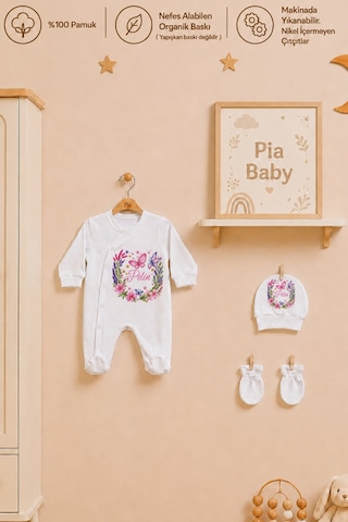 Pia Baby İsme Özel %100 Pamuk Kız Bebek Hastane Çıkışı 4 Lü Battaniyeli Tulum Seti Organik Baskılı 2088bt0x Ekru