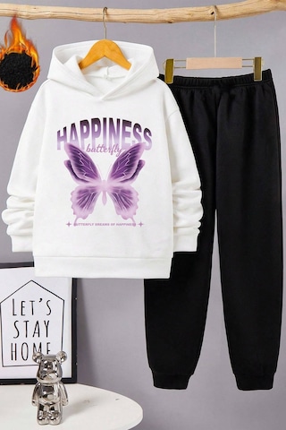 Uyguntarz Happiness Baskılı Erkek Kız Rahat Eşofman Takımı Beyaz