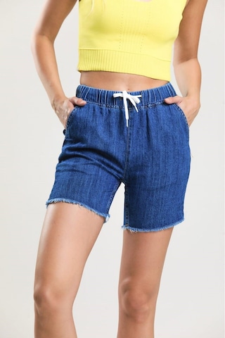Pass&Pass 2080 Kadın Püsküllü Paça Jeans Denim Kot Şort Koyu Mavi