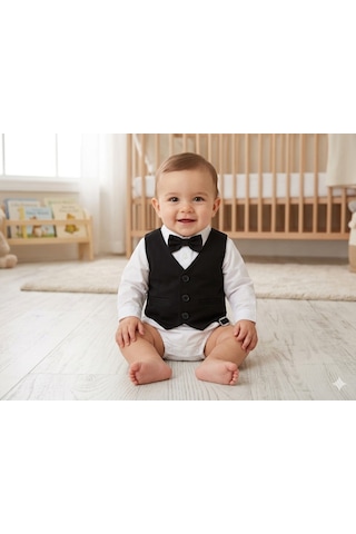 Baby Kids Colors Erkek Çocuk Smokin Takım Elbise Düğmeli Yelekli Papyonlu Zincirli Siyah