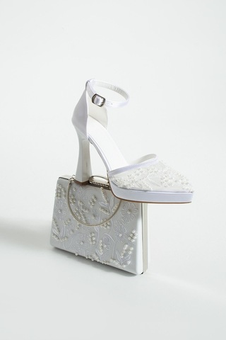 Dabab Shoes Pearly Beyaz Ayakkabı Çanta Kombin Platformlu 11cm Topuklu İncili Bantlı Abiye Ayakkabı Çanta Seti Beyaz Kombin