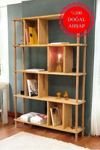 Lüx Naturel Ahşap 5 Raflı Modern Dekoratif Kitaplık Mutfak Rafı Kiler Çok Amaçlı Düzenleyici Raf Ahşap
