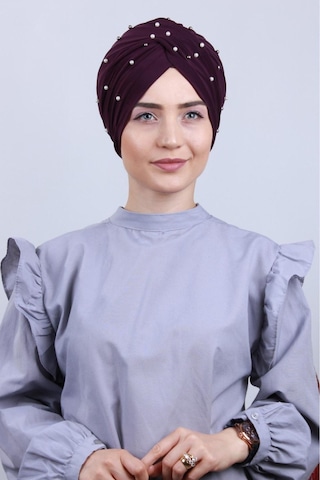 Melodi Scarf Kadın Tesettür İncili Taşlı Vera Dış Bone Mor Mor