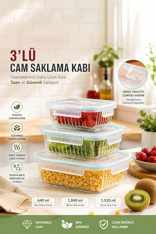 Porsima Sd-12-fgy Kilitli Sızdırmaz Kapaklı Hava Tahliye Contalı Çok Amaçlı 3 Lü Cam Erzak Yiyecek Saklama Kabı Seti - 1030-620-330ml Şeffaf