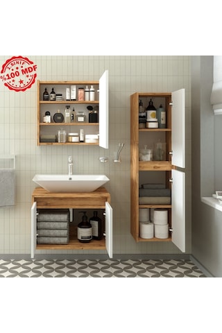 Banos Roomart Lavabolu Ahşap-Mat Beyaz Mdf 65 Cm Banyo Dolabı+A.. Beyaz
