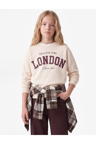 Koton Baskılı Uzun Kollu Bisiklet Yaka Şardonlu Sweatshirt Bej 7wkg10380ak Ekru