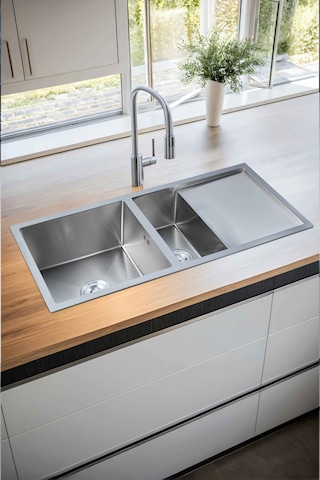 Naz Serisi %100 Krom 95x45 İki Göz Paslanmaz Mutfak Eviyesi, Mutfak Lavabosu Sifon Dahil Silver