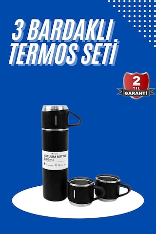 Northcity Termos Seti 3'lü Bardak Seti - Isı Dayanıklı Siyah Paslanmaz Çelik Vakumlu