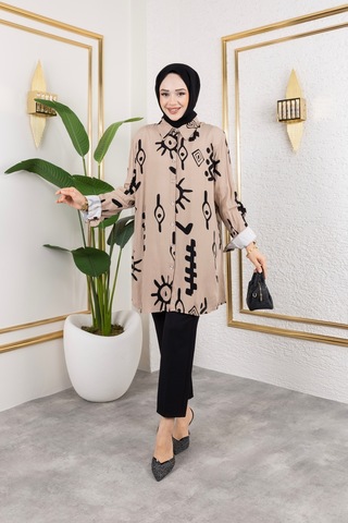 Hira Life Fashion Kadın Tesettür Giyim Ve Spor Giyime Uygun Düğme Detaylı Şık Desenli Dokuma Viskon Gömlek-tunik Bej Bej