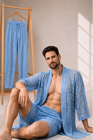 Qmen Style Erkek Güpür Dantel Kimono Takımı 3 Lü Dantel Set Bornoz + Pantolon + Şort Mavi