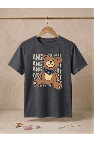 Unisex Ayıcık Baskılı Kompakt T-shirt Gri