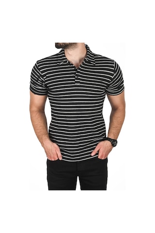 Deepsea Erkek Siyah Slim Fit Nefes Alan Pamuklu Polo Yaka Tişört Dar Kesim Örme Kumaş Tişört 2501207 Siyah