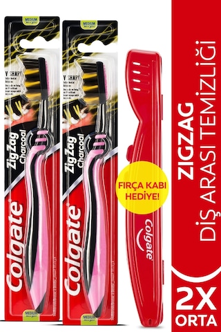 Colgate Zigzag Charcoal Diş Arası Temizliği Orta Diş Fırçası 2'li + Diş Fırçası Kabı