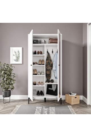 Massimo White Aynalı,2 Kapaklı ,raflı Ayakkabılık/portmanto %100m