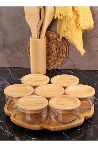 Bambum Duo 300ml 7'li Dönen Servisli Bambu Silikonlu Kapaklı Hava Aldırmaz Cam Kahvaltılık