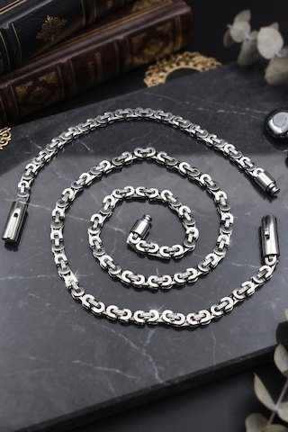 Paslanmaz Çelik Euro Kral Model Erkek Kolye Zincir Ve Bileklik Set 6 Mm 902929 Gümüş
