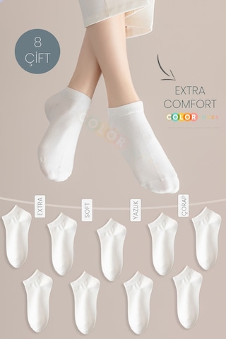 8 Çift Beyaz Extra Comfort Kadın Patik Çorap Seti Beyaz