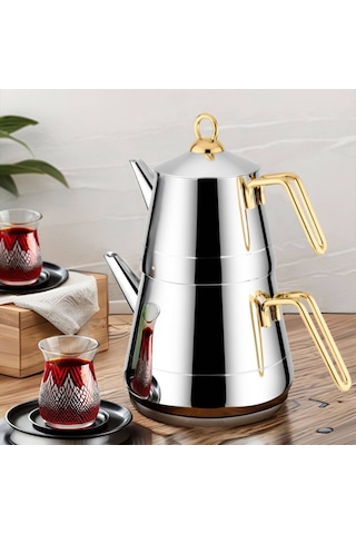 Lines 3058 Piramit Metal Kulplu Paslanmaz Ortaboy Çelik Çaydanlık