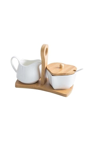 Seramik Şeker Kasesi Ve Krem Sürahisi Bambu Tepsisi Ve Kaşıkla Set Ev Otel Şeker Ve Krema Seti Şeker Ve Amp Krema Tencere 4 Izgara