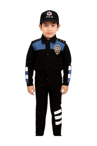 Single Sword Unisex Çocuk Polis Kıyafeti Şapka, Gömlek, Pantolon Takımı 8 Siyah