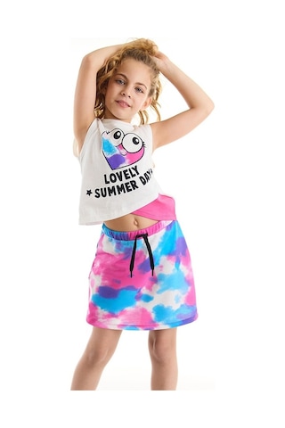 Denokids Mushi Kalp Batik Kız T-Shirt Etek Takım Çok Renkli