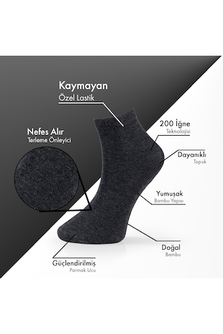 Saf Bambu Erkek Yarım Konç Düz Antrasit Çorap Dikişsiz Premium Kutulu 6'lı L5952aznp Softaura
