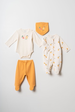 Hafy Baby 4 Parça, Meyve Desenli, Yenidoğan Kız Bebek Hastane Çıkışı Seti Ekru