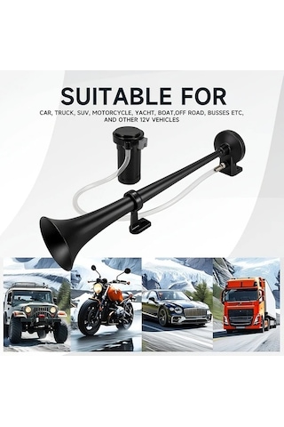 Pazly Siyah 12v 17 Inç Tek Trompet Hava Korna - Kamyon, Otomobil, Suv, Tekne, Tren, Motosiklet İçin