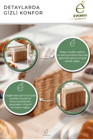 Kare Rattan Görünümlü Peçetelik Hasır Dokulu Masaüstü Peçete Standı Dekoratif Mutfak Organizer Kahverengi