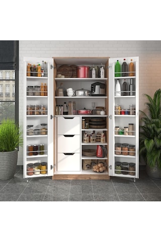 165 Derece Açılabilir 2 Kapaklı, 3 Çekmeceli, Kavanoz Raflı Kiler Ve Erzak Mutfak Dolabı Atlantik Çam Beyaz