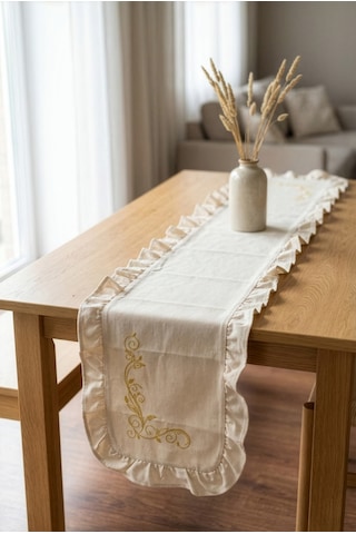 Nakış Detaylı Fırfırlı Masa Runner 40x120 Cm Şık Dekoratif Masa Ve Konsol Örtüsü Bej