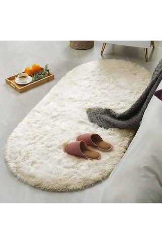 Raschel Carpet Oval Kesme Yolluk Kaymaz Taban Kalın Yumuşak Peluş Halı Özel Taban Krem