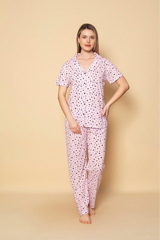 Kadın Gömlek Desenli Kısa Kol Pijama Akımı Pembe