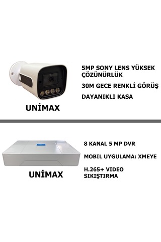 Unımax 5mp Sony Lens 8 Kameralı Güvenlik Seti 100m Kablo 30m Gece Görüş Xmeye Warmled