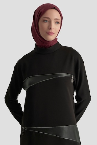 Armine Trend Deri Ve Fermuar Detaylı Fitilli Tunik Siyah 25kt452 Siyah