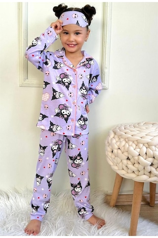 Kız Çocuk Mor / Lila Renk Sevimli Kedi Desenli Uzun Kollu Pijama Takımı Göz - Uyku Bandı Dahil Lila Mor Lila - Mor
