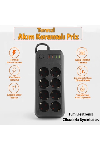 Akım Termal Çocuk Korumalı 2x Usb 2x Type-c Girişli 8li Priz 2 Metre Kablo 2500w Diğer