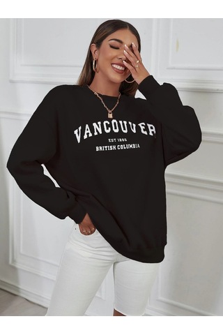 Oversize Vancover Baskılı Bisiklet Yaka Sweatshirt Siyah