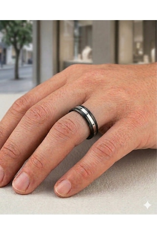 Erkek Silver Renk Çizgi Detay 6 Mm Tungsten Yüzük Silver - Siyah