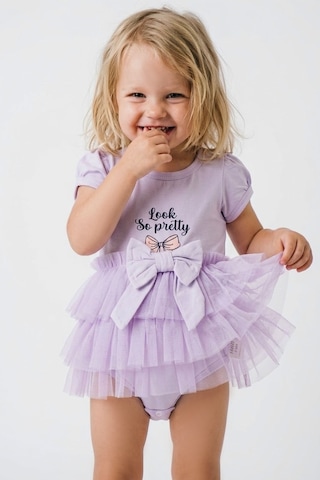 Breeze Kız Bebek Kısa Kollu Çıtçıtlı Zıbın Elbise Tütü Etekli Fiyonk Detaylı 6 Ay - 2 Yaş , Lila