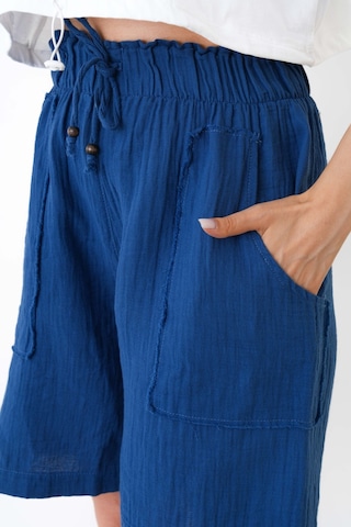 The Voler Müslin Şort Kadın Yüksek Bel Oversize Rahat Kesim Cepli %100 Pamuklu Yazlık Şort Mavi