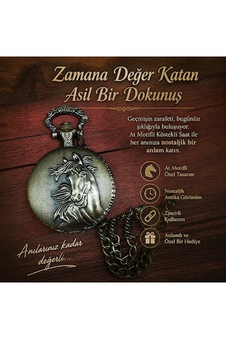 At Motifli Nostaljik Köstekli Cep Saati Kutulu Antika Tasarım Zincirli Saat, Hediyelik, Kişiye Özel, Doğum Günü
