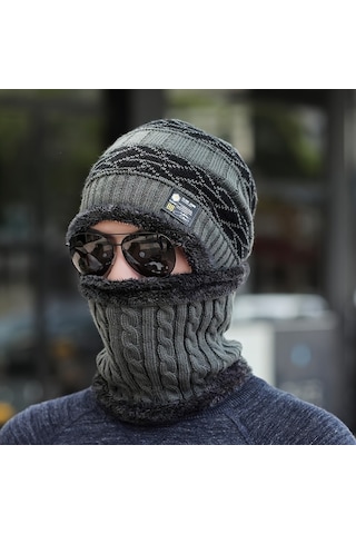 Kışlık Erkek Trend Örgü Şapka Ve Boyunluk Seti Gri