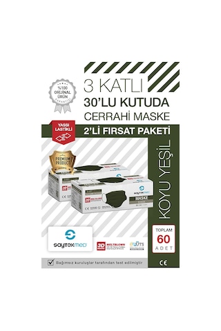 Saytekmed Meltblown Filtreli, Yassı İpli, 3 Katlı Koyu Yeşil Maske (60 Adet/2 Kutu)