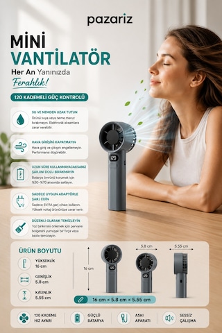 Türbin El Fanı Vantilatör Taşınabilir Turbo El Fanı Dijital Göstergeli Stand Özellikli Kancalı Type-c Şarj Soketi 1200 Mah 120 Kademeli M11 Md. Askı Kayışı Hediyeli