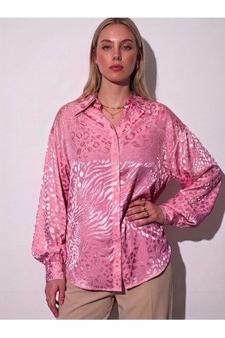 Pera Moda Jakarlı Oversize Uzun Şık Kadın Gömlek Pembe