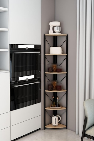 Datça 6 Raflı Metal Köşe Mutfak Rafı Dekoratif Çok Amaçlı Raf 180 Cm Beyaz Ceviz