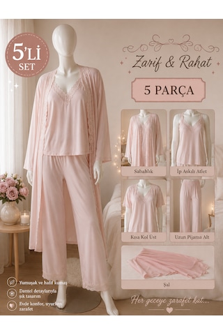 İmaj 5 Parça Pijama Takımı Dantel Detaylı Sabahlık Atlet Şal Seti Açık Pembe - Pudra