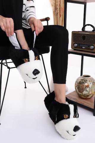 Wordex Hayvanlı H10 Köpekli Kışlık Kadın Erkek Çocuk Panduf Ev Içi Sessiz Taban Panduf Siyah