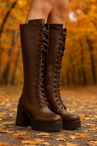 Kadın Bağcıklı Platform Topuklu Uzun Çizme Kahverengi